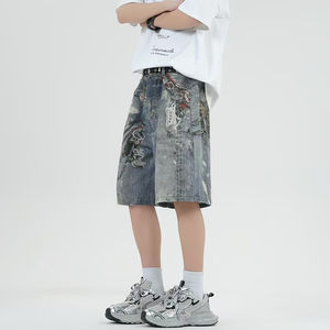 "men's <b>shorts</b> <b>High</b> Street Vintage Washed Denim <b>Shorts</b> Breathable Mid <b>Waist</b> Casual Straight <b>Jeans</b> Button" - Product Image 3