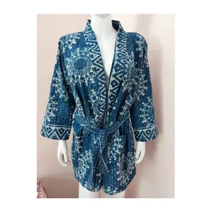 Meest Verkochte Katoenen Kimono-Stijl Kantha Nachtkleding Badjas Met Blokprint Tegen Fabrieksprijzen Uit India