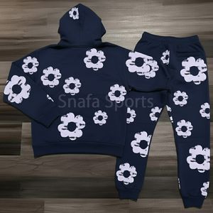 Prix de gros, vêtements décontractés pour hommes, ensemble de survêtement en denim déchiré, sweat-shirt à capuche en polaire à blocs de couleur et pantalon de survêtement - Product Image 2