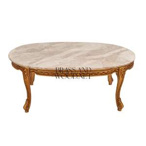 Table basse ovale de luxe avec plateau en marbre haut de gamme et pieds cabriole dorés sculptés à la main pour salons classiques élégants - Product Image 1