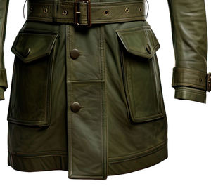 Camisa de piel de oveja genuina verde oliva para hombre, abrigo largo clásico con múltiples bolsillos de longitud media y cinturón, abrigo de cuero personalizado largo para hombre - Product Image 2