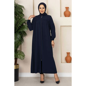 Abaya jeune style robe bleu marine foncé avec silhouette droite simple et taille empire - Product Image 3