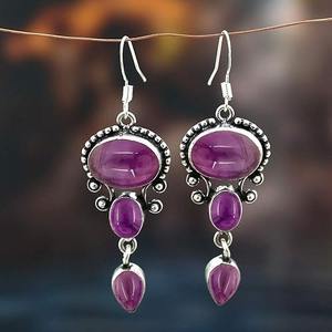 Boucles d'oreilles pendantes en argent sterling 925 plaqué or avec pierre précieuse améthyste de forme ovale, bijoux tendance pour femmes et filles - Product Image 2