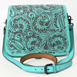 Handmade Bohemian Genuine Cowhide Leather Crossbody Bag Turquoise Tooled Floral Carved Vintage Western Purse <b>Lady</b> Summer Single - Product Image 3