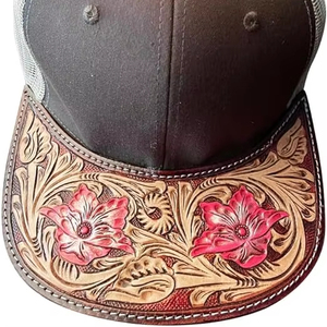 <b>Tooled</b> Leather Cap CUSTOMIZABLE CAP Cowboy Leather Cap Western Summer Trucker Handtooled Hat Patch Hat Handmade Summer Cap - Product Image 1