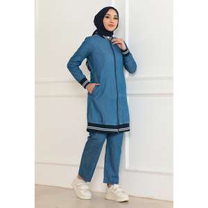 ชุดเซ็ตสองชิ้นผ้ายีนส์สีน้ำเงินเข้มแบบมีริบบิ้น สำหรับผู้หญิง ทรงขาบาน เสื้อลำลองเข้ารูป กางเกงขาสั้นทรงสกินนี่ ไซส์ XS/XXS สำหรับฤดูร้อนหรือฤดูใบไม้ร่วง - Product Image 5