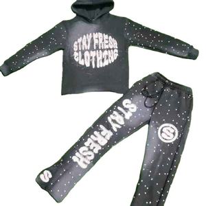 Fabricant Logo imprimé sur mesure en coton vintage vieilli délavé au soleil Ensemble pantalon de survêtement et sweat à capuche en coton lourd et délavé à l'acide et strass - Product Image 1