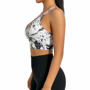 เสื้อชั้นในกีฬาพิมพ์ลายทันสมัย สายคู่ คอวี เสื้อโยคะลายมัดย้อมสวยงาม เสื้อชั้นในออกกำลังกายสำหรับยิม ชุดออกกำลังกายที่ยั่งยืน - Product Image 3