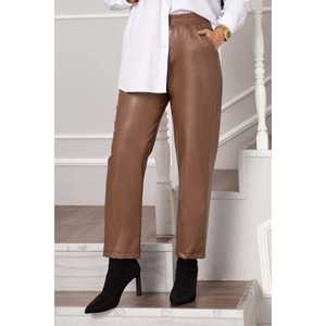 Pantalones Casuales de Cuero Color Bronceado con Cintura Elástica, Opciones de Cintura Alta y Media, Estilo Lápiz, Tela con Efecto Arrugado, Mezcla de PU - Product Image 2