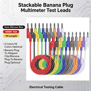 Cables de prueba apilables con conector tipo banana y pinza de cocodrilo para multímetro, doble <span class=keywords><strong>cable</strong></span> de silicona de 4 mm, <span class=keywords><strong>cable</strong></span> de cobre para pruebas eléctricas, 1000V 15A 1M - Product Image 1