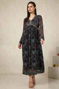 Dernière tendance Alia Cut Dress pour femmes Black Chinon Botanical Print Elegant Long 3/4 Sleeve Natural Elegant Looking Dress - Product Image 5