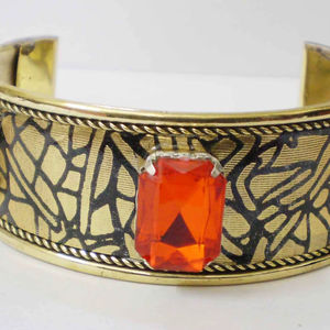 Luxury Gold Plated Copper Wide Cuff Bangle With Intricate Black Geometric Web Pattern And Large Radiant Rectangular <b>Metal</b> Craft - Product Image 1