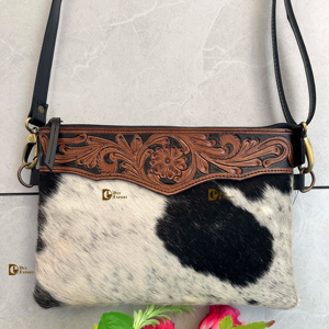 Western Bohemian Style Cowhide Leather Handtooled Sling Bag Unisex Zipper Closure with <b>Nylon</b> Lining Hot Selling Handmade <b>Handbag</b> - Product Image 1