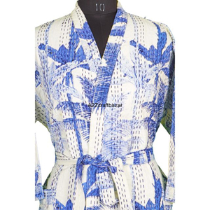 Wholesale 100% Cotton Kantha Floral Long Jacket Hand-Stitched V-Neck Drawstring Closure Soft Breathable Quick Dry <b>Warm</b> Coat Robe - Product Image 4