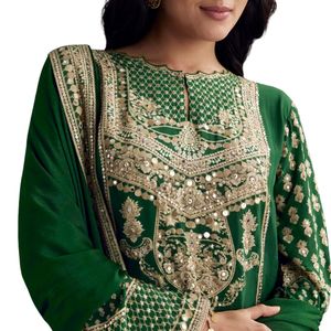 Verde scuro stampato crêpe Palazzo vestito con scollatura buco della serratura all'ingrosso donna abbigliamento etnico OEM fabbrica fornitore alla rinfusa - Product Image 2