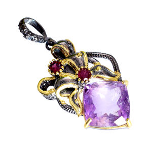 925 Solid <b>Silver</b> Gemstone <b>Necklace</b> Natural Amethyst & Garnet Pendant for Women at Wholesale Price - Product Image 1