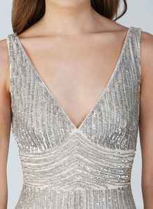 Vestido largo de fiesta adornado, tela de crepé, cintura Natural, alfombra roja, Glamour, elegante noche, inspiración Vintage, cuentas plateadas - Product Image 3