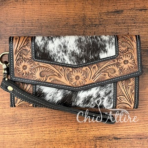 2025 venta al por mayor personalizado mano Tooled cuero embrague monedero occidental de alta calidad de cuero de vaca Floral tarjetero para mujer - Product Image 1