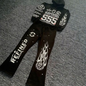 Nuevo Conjunto de Hombre 2026, Estilo Urbano Vintage, Sudadera Gruesa Vintage, Pantalones Acampanados Estilo Americano, Mangas Estampadas, Servicio OEM - Product Image 1