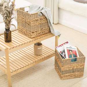 Handmade Foldable Water Hyacinth Handles Storage <b>Baskets</b> with Liner Natural Seagrass Storage <b>Cube</b> for Shelf Pantry Organization - Product Image 2