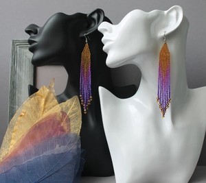 Gold Purple Beaded <b>Earrings</b> <b>Crystal</b> <b>Earrings</b> Evening Seed Bead <b>Earrings</b> Long Fringe - Product Image 2
