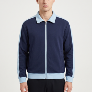 Men's Eco-friendly Breathable Waterproof Two-Tone PU Fabric Casual Bomber <b>Jacket</b> with Contrast Stripe <b>Zip</b>-<b>Up</b> - Product Image 1