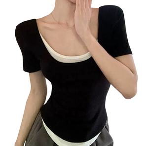 Camisetas Lisas de Manga Corta con Cuello Redondo para Mujer, de Seda/Algodón Dobby Bordado, Ajuste Regular, Sexy, Verano 2025, Venta al por Mayor - Product Image 2