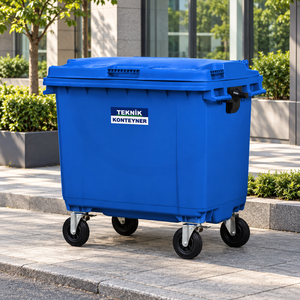 Poubelle de recyclage en plastique bleue avec couvercle, bac à déchets à roulettes pour usage intérieur et extérieur - Product Image 3