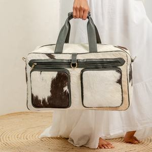 Grand sac polochon de luxe en cuir de vachette naturel avec fermeture à glissière pliable Polyester Weekender Travel Tote Sac de sport de nuit - Product Image 3