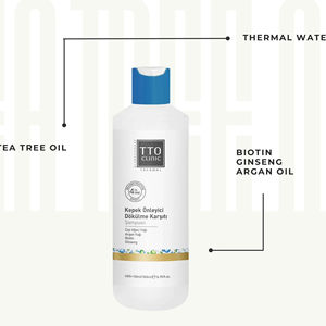 Shampoo antipelliculaire et anti-chute de cheveux TTO Clinic 500 ml, huile d'arbre à thé naturelle, biotine et kératine, sans sulfate, traitement contre la perte de cheveux - Product Image 1
