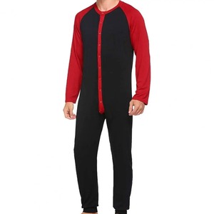 Mono de una pieza de primavera y otoño para hombre, pijama con cuello redondo, manga larga, cierre frontal con botones en la cadera, ropa de dormir cómoda, conjunto de ropa de casa - Product Image 5