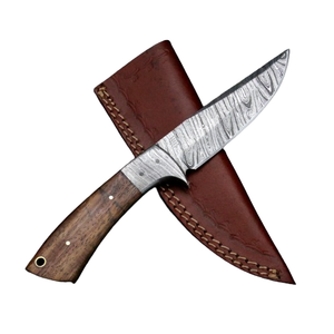 Couteau de chasse fait main en acier damassé avec manche en bois \ Couteau de chasse d'extérieur de qualité supérieure avec étui en cuir - Product Image 1