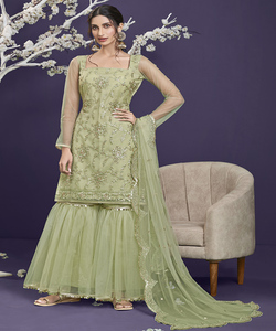 Ropa de fiesta de diseñador, ropa de boda de red de seda, ropa de lino bordada y con piedra, ropa de mujer india, nueva colección, ropa completa de estilo Anarkali - Product Image 1