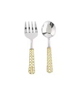 Servidor de ensalada de metal de acero con acabado brillante plateado de estilo único con mango dorado Juego de cubiertos con espejo de boda - Product Image 1