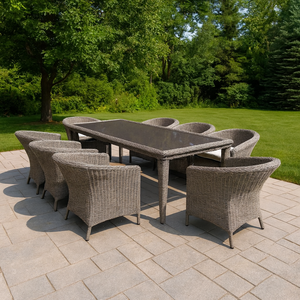 Ensemble de salle à manger moderne en rotin PE d'extérieur imperméable 1 grande table 8 chaises pour les rassemblements familiaux Cafés Hôtels Décoration de patio - Product Image 1