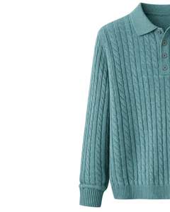 Suéter Polo de Punto Trenzado Vertical para Hombre, Manga Larga, Cuello con Botones, Suave, para Invierno, Color Azul Verde Azulado, Venta al por Mayor - Product Image 3