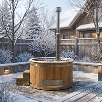 Spa de bien-être extérieur toutes saisons, bain à remous chauffé au bois, bois carbonisé, hiver, jardin nordique, design classique