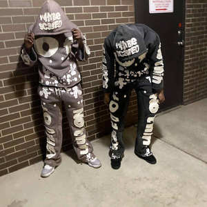 LOW quantité minimale de commande Survêtements personnalisés Patchs brodés Logo Noir Crop Top Sweatsuit Pantalon de survêtement évasé et ensembles de sweats à capuche zippés pour hommes - Product Image 2