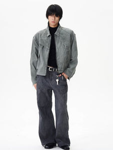 Chaqueta Vaquera Verde Informal para Hombre, Diseño Punk Holgado con Cierre de Cremallera y Piel de Conejo, Logotipo Frontal, Suministro ODM - Product Image 3