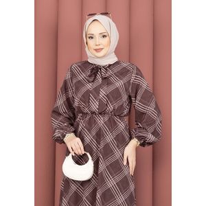 Modest Style <b>Brown</b> Chiffon Hijab Dress Plaid Pattern Breathable Fabric Bow Neckline Natural Gathered Waist Wrap <b>Tie</b> Detail - Product Image 2