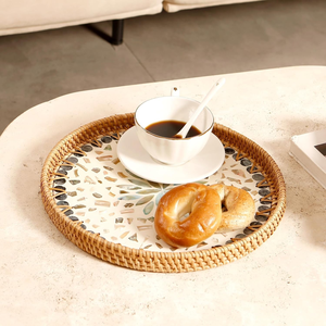Plateau de service en rotin rond fait à la main avec incrustation de nacre panier décoratif tissé Table basse de luxe décor à la maison - Product Image 3
