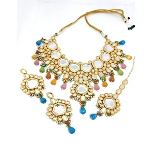 ชุดสร้อยคอเจ้าสาว Meenakari Kundan ชุบทอง22k ประดับด้วยหินเพทายสำหรับงานแต่งงาน - Product Image 4