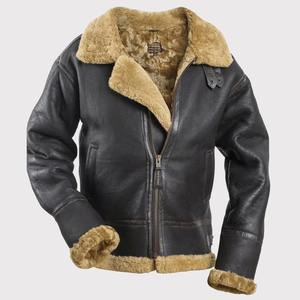 <b>Men</b> Shearling Leather Aviator Jacket Winter <b>Warm</b> <b>Coat</b> with Fur Collar Cuffs and Classic Zipper Front Design - Product Image 1