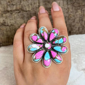 Bague ajustable en argent sterling fait main avec turquoise en forme de barbe à papa, bijou unique en pierre précieuse, cadeau pour femme - Product Image 1