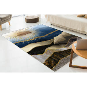 Tapis en laine imprimé Paysage de montagne et soleil doré, motif patchwork, écologique, avec support en latex non-tissé - Product Image 5