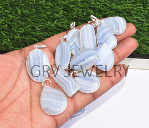 Lot de vente en gros de pendentifs ethniques en argent sterling 925 faits à la main en dentelle bleue naturelle agate pierres précieuses fiançailles anniversaire mariage - Product Image 3