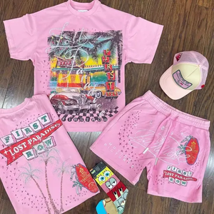 Wholesale Travel Pink Men's T-Shirt And Shorts <b>Set</b> With Tropical Print Crew Neck Casual Summer Outfit Breathable <b>Knitted</b> Cotton - Product Image 1