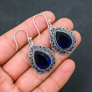 Boucles d'oreilles créoles en saphir bleu, argent 925, luxe - Product Image 1
