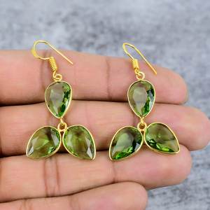 Pendientes colgantes de plata de ley 925 hechos a mano para mujer, a la moda forma de pera, tres piedras preciosas con chapado en oro, regalo de fiesta - Product Image 2