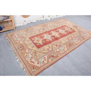 พรมตุรกีขนาดใหญ่ 5.2x8.4 ฟุต พรมวินเทจ พรมลายตารางสีเบจทำจากขนสัตว์ - Product Image 4